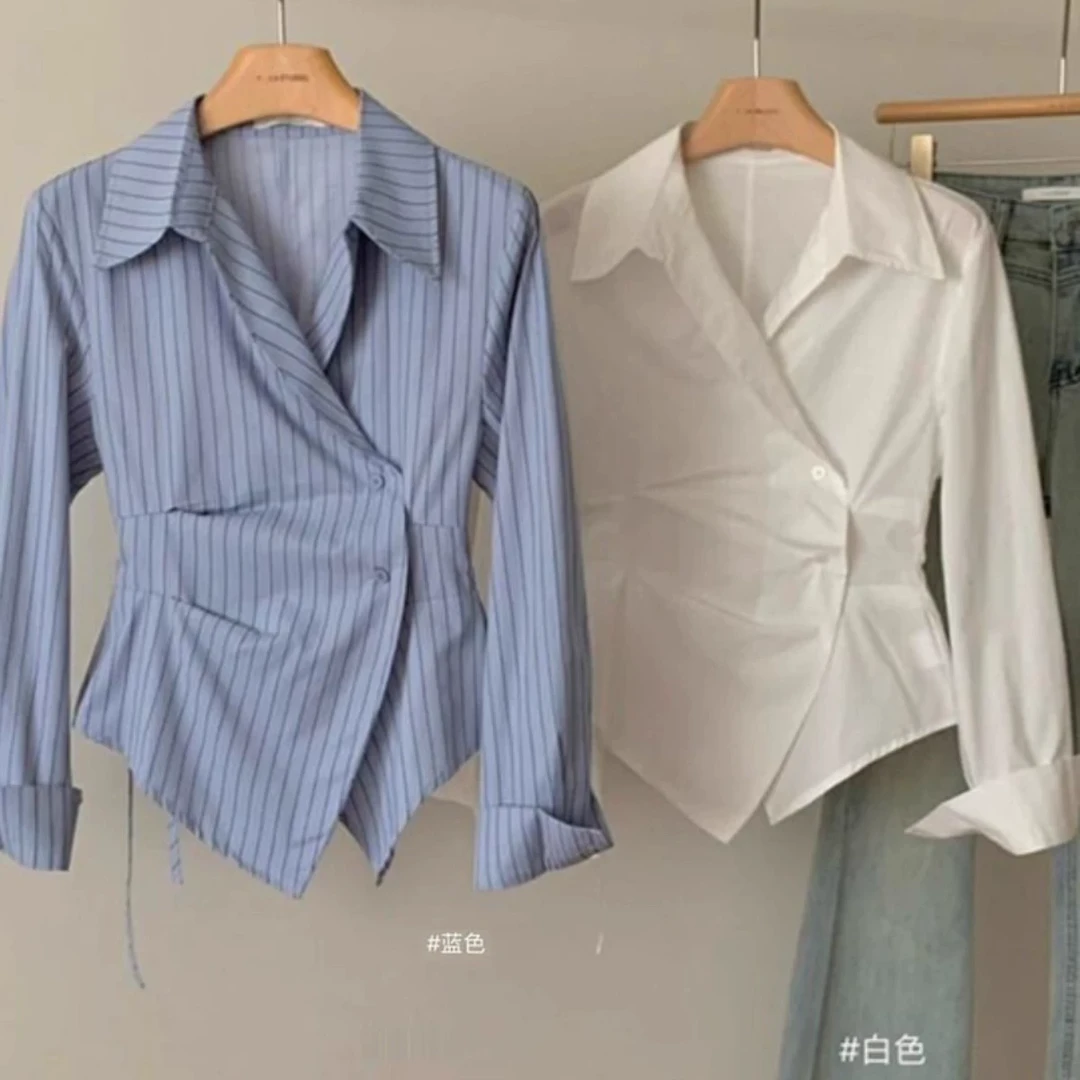 设计感不规则收腰显瘦条纹衬衫女春季2025新款气质翻领长袖衬衣