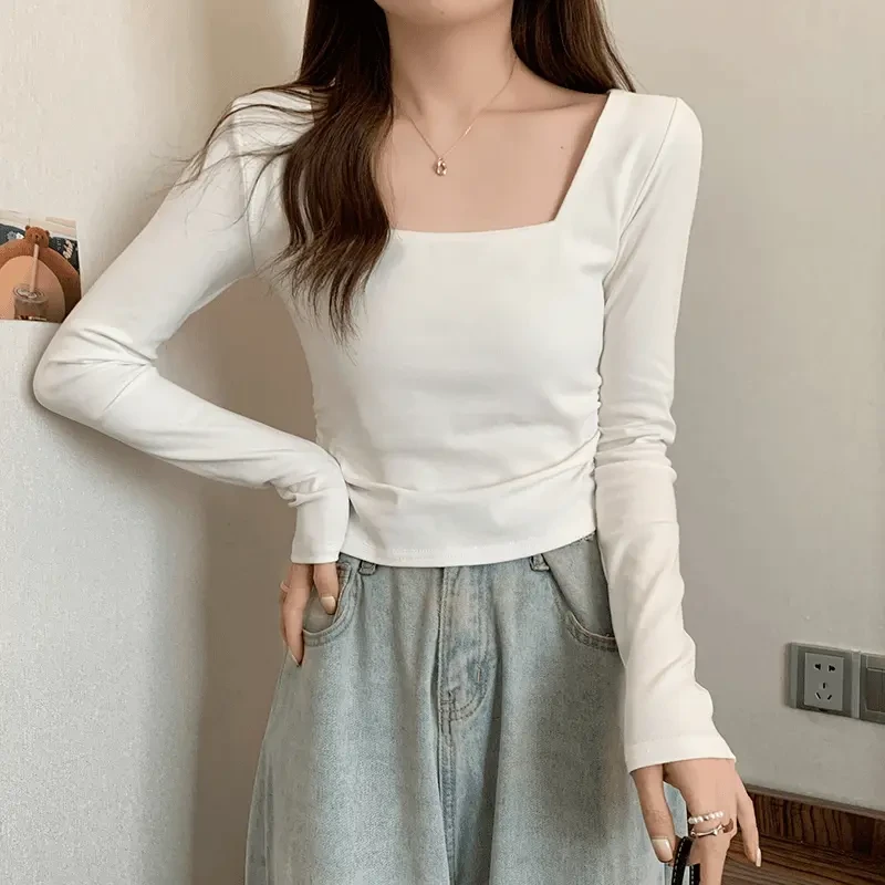轻职风纯色方领长袖打底衫打底秋季新款褶皱不规则小众上衣女