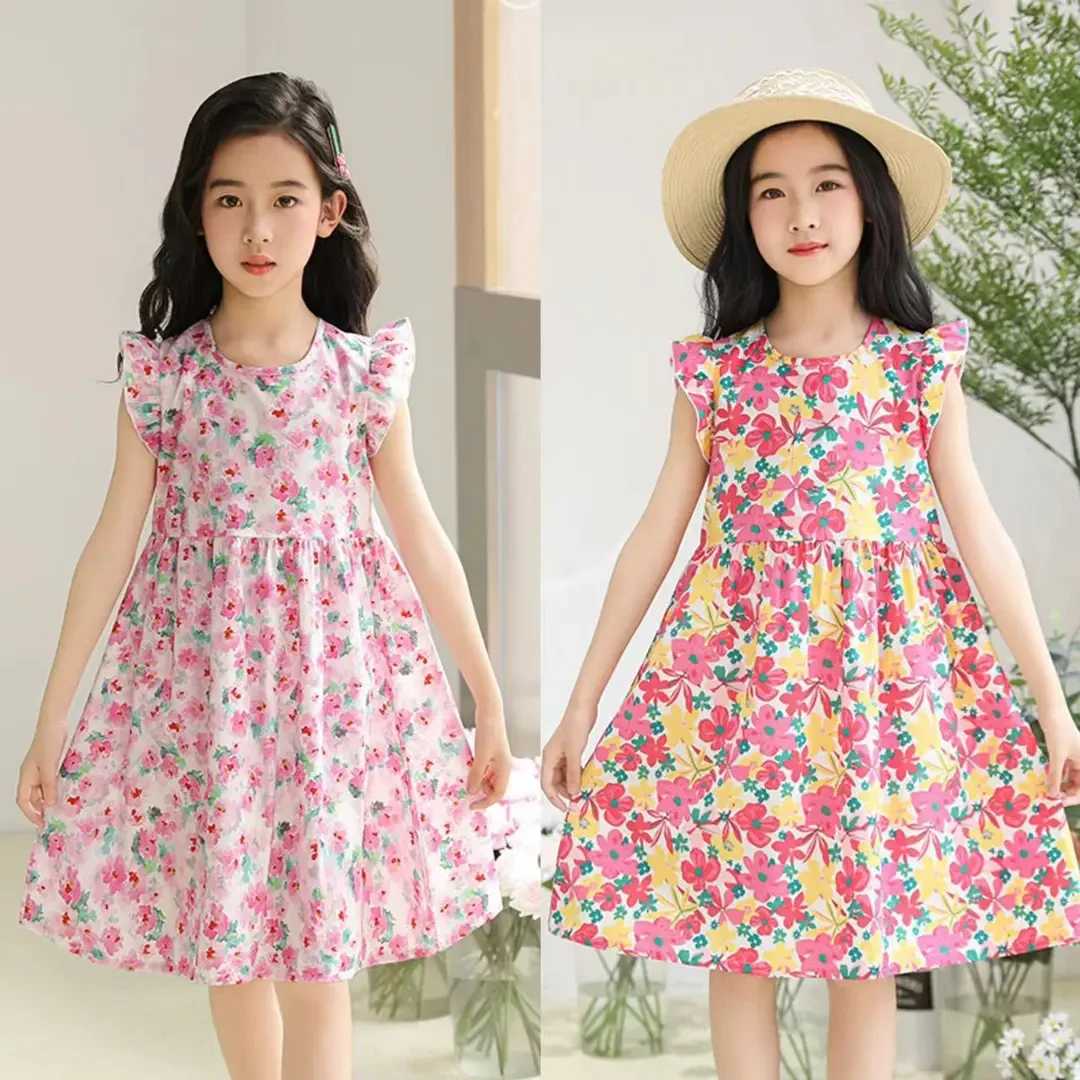 女孩夏季新款碎花连衣裙儿童洋气潮网红薄款女童飞飞袖棉绸公主裙