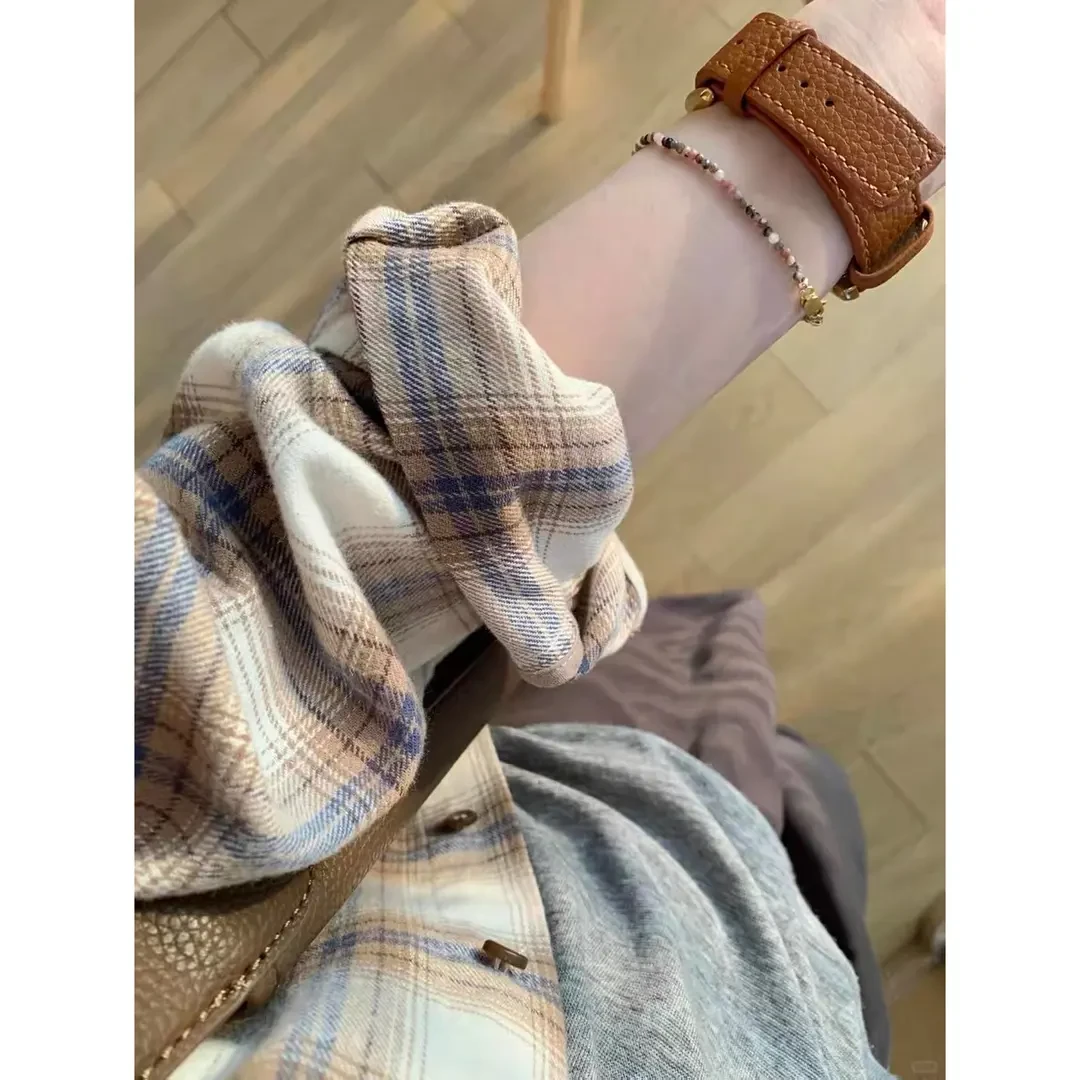 韩系藏青色磨毛格子衬衫女秋季慵懒宽松休闲长袖衬衣外套百搭