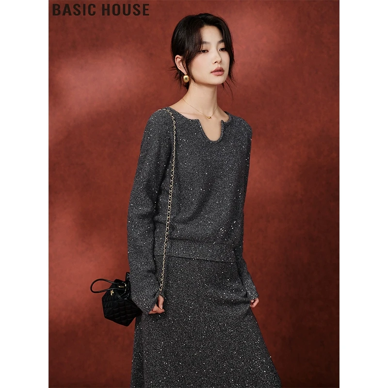 Basic House/百家好100%羊毛细闪针织毛衣半身裙套装女2025年春季