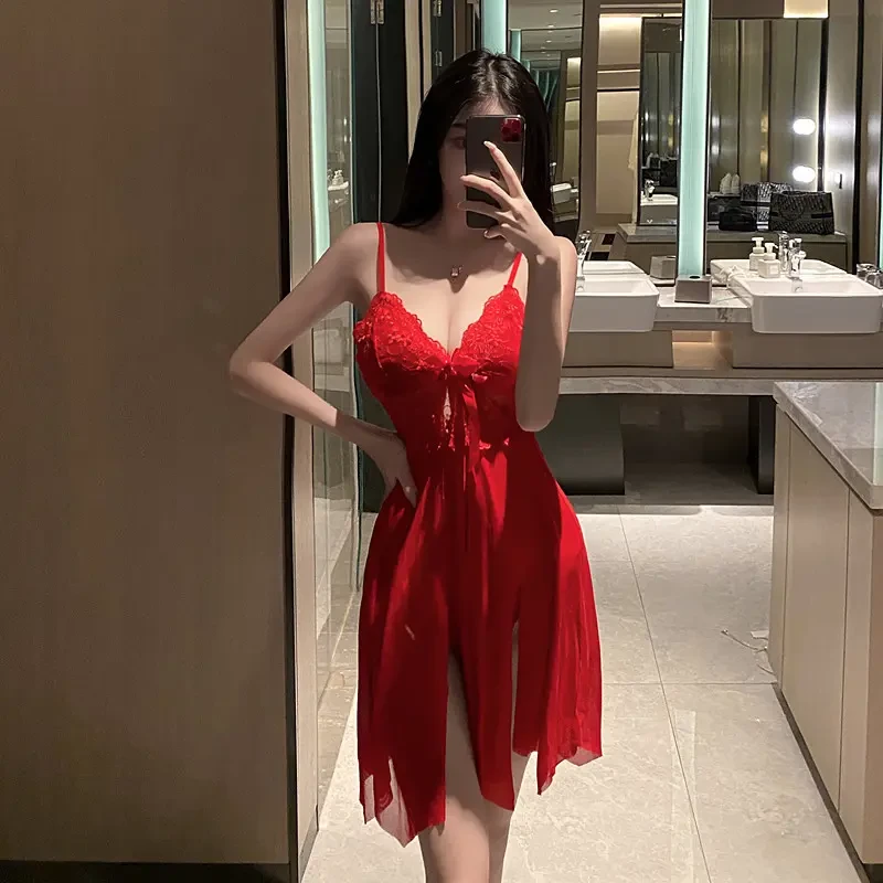 性感睡衣轻奢睡裙蕾丝显瘦气质高腰夏季红色法式小个子连体露背
