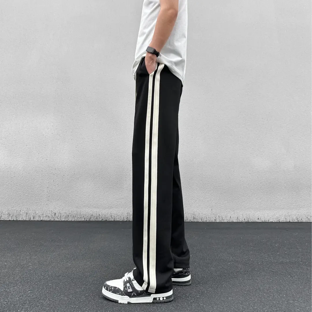 夏季潮流垂感卫裤男士百搭条纹大码男生直筒运动宽松休闲潮流长裤