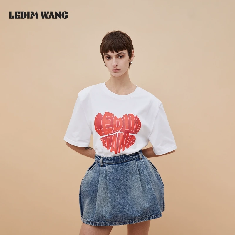 LEDIM WANG 情人节想限定 桃心垫肩短袖T恤白色圆领短袖情侣款