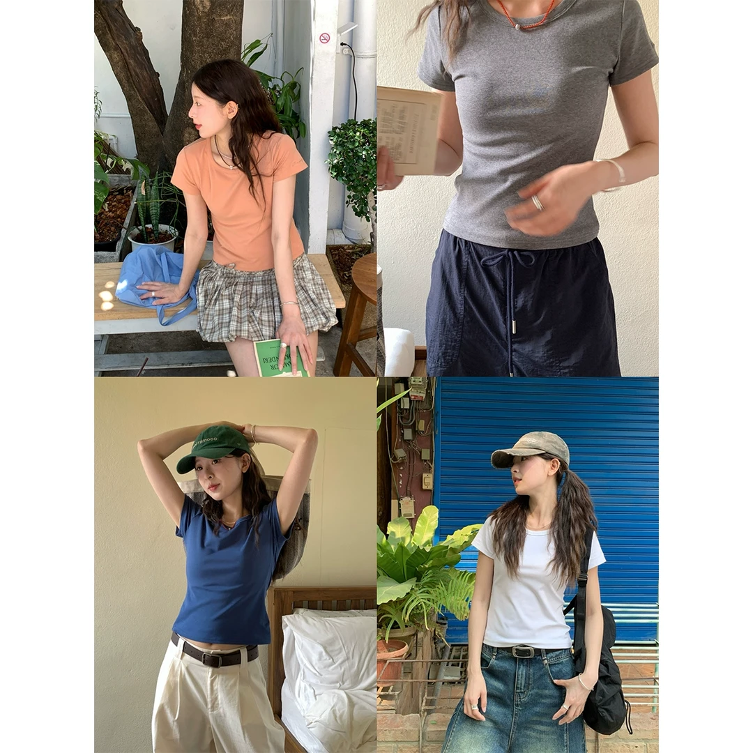 RAINY 短款修身基础刺绣T恤夏季女纯色百搭单穿简约打底衫上衣