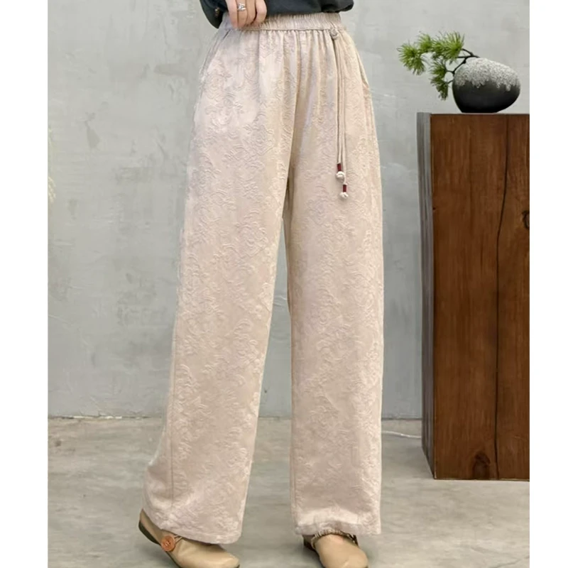 复古棉麻提花松紧腰飘带休闲裤女新款文艺宽松百搭阔腿直筒裤