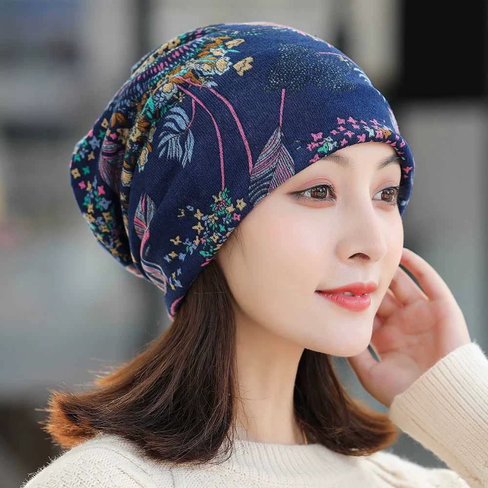 YY百变扭扭帽围脖秋冬帽子女多用头巾包头套头脖帽印花堆堆帽护耳