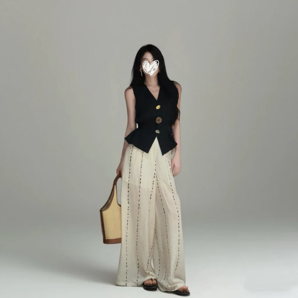 夏季新款马甲薄款外搭无袖背心上衣+百搭休闲裤套装