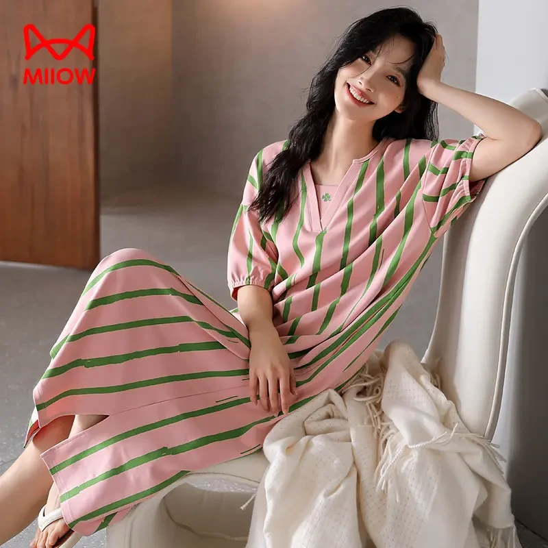 猫人夏季纯棉薄款短袖睡裙女士休闲简约外穿连衣裙夏款睡衣家居服