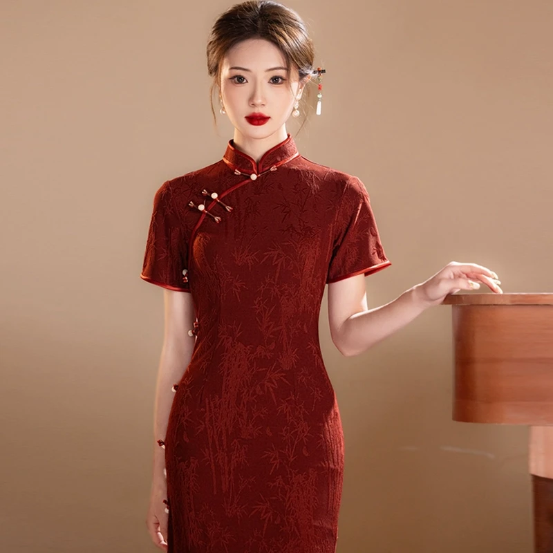 夏装喜婆婆婚宴装2025新款夏季红色旗袍平时可穿高贵年轻妈妈礼服