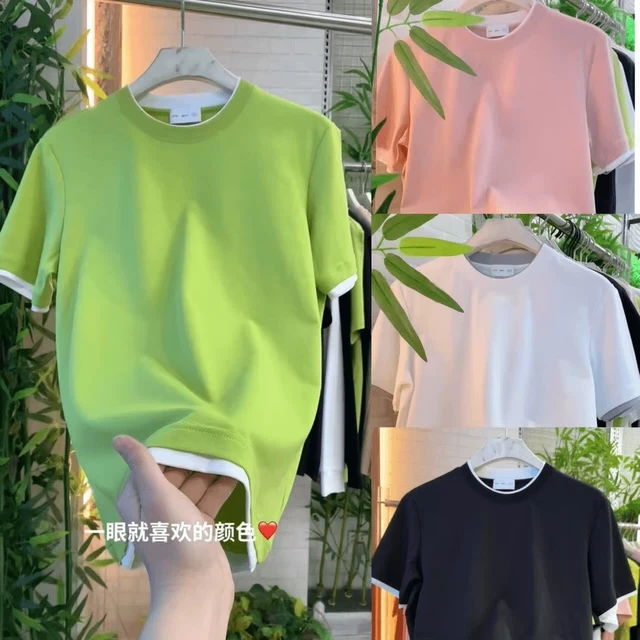 2025新款时尚男士净版半袖假两件夏季短袖T恤青年纯色打底衫上衣