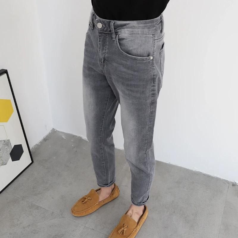 黑灰水洗简约牛仔裤男款2025夏季薄款新品修身小脚韩版潮流九分裤