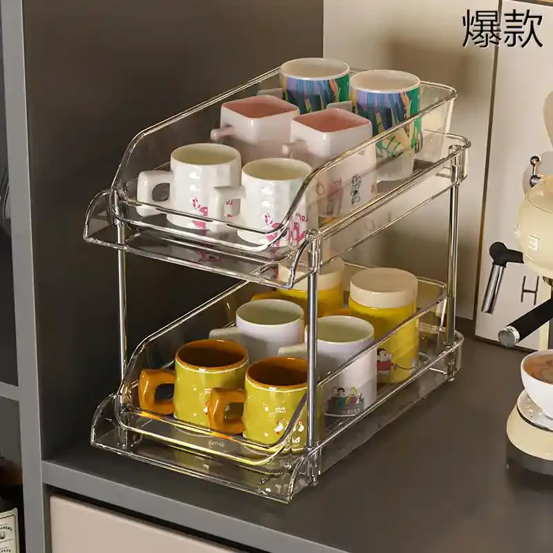 杯子收纳置物架抽拉式桌面放置玻璃杯子咖啡茶杯家用双层水杯架