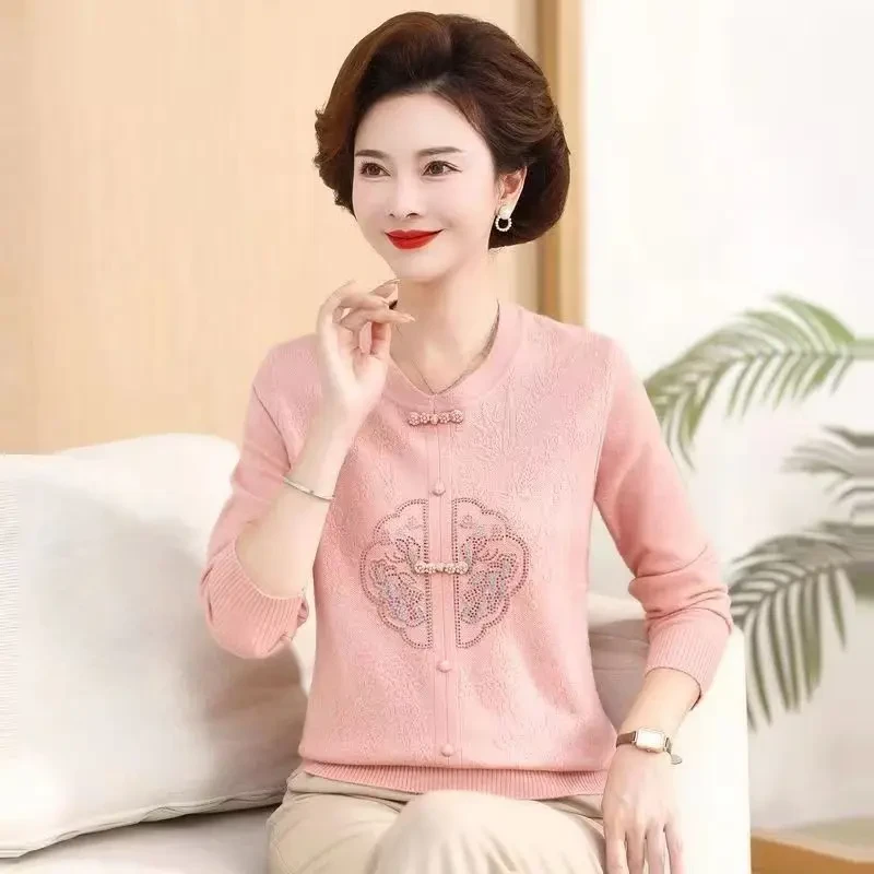 妈妈装国风毛衣春秋款气质针织上衣洋气中老年绣花打底衫