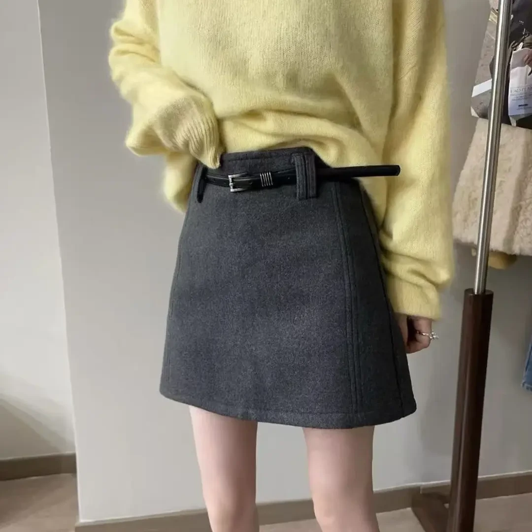 秋冬高腰显瘦毛呢A字短裙女时尚通勤百搭半身裙
