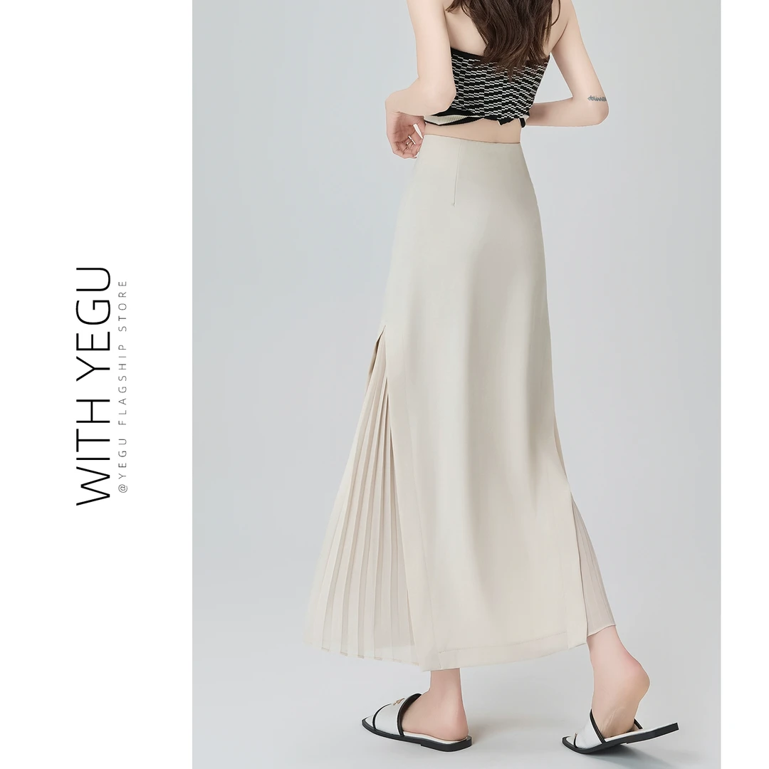 米白色雪纺拼接西装半身裙女夏季新款高腰a字伞裙小个子压褶长裙