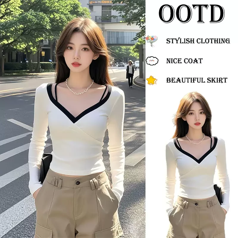v领打底衫春装2025年新款女装爆款长袖t恤设计感独特别致短款上衣