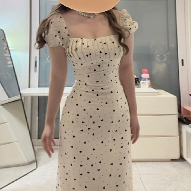 法式方领泡泡袖碎花连衣裙子女装夏季2025新款小个子包臀气质长裙