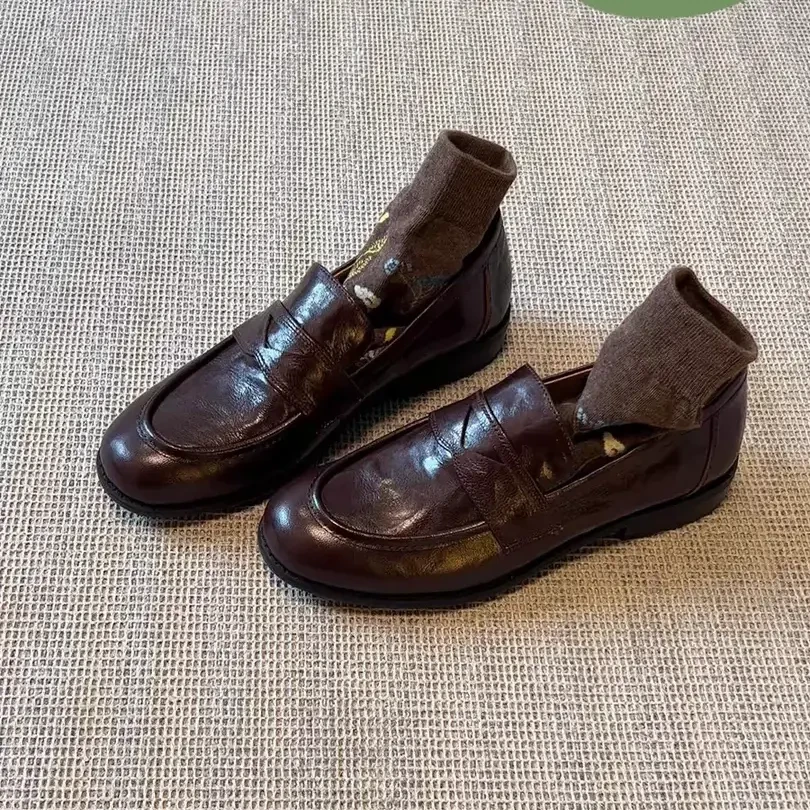 羊皮版~复古真皮一蹬懒人鞋女粗跟底单鞋英伦风小皮鞋乐福鞋