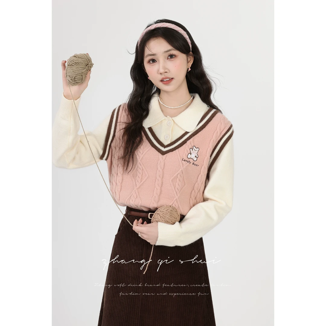 【ZBT直播间】《小甜豆》粉色学院风上衣刺绣拼接假两件毛衣LZQS06933