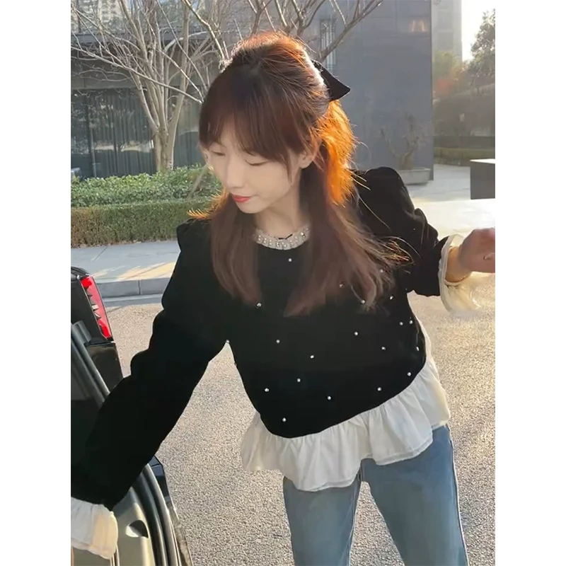 2025年春秋新款法式小香风木耳边衬衫女设计感小众短款丝绒衬衣女