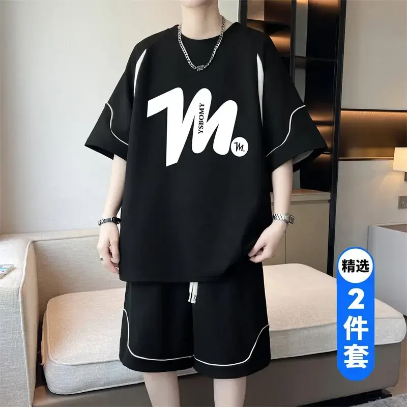 夏季青少年短袖t恤男宽松2025新款帅气高中初中学生潮牌运动套装