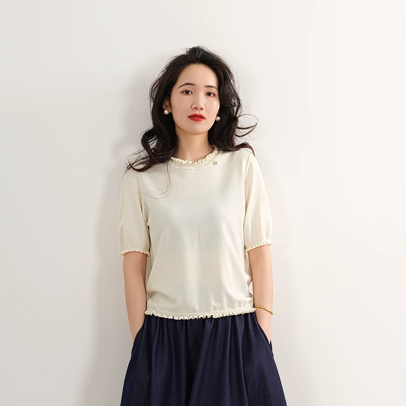 EKNR莱赛尔天丝荷叶边短袖T恤女2025春夏新时尚百搭宽松显瘦上衣
