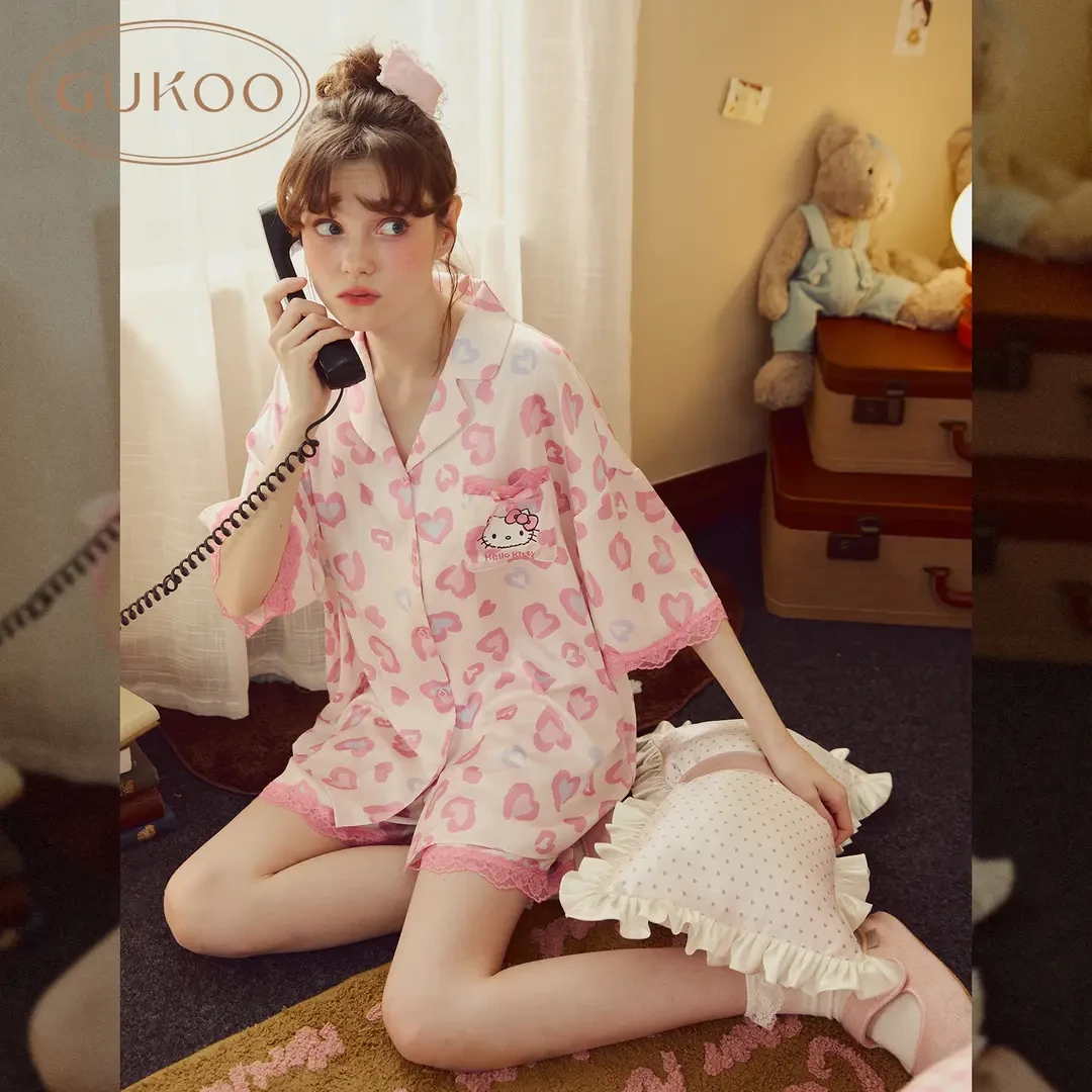 【Gukoo果壳】夏季新款欧若风HelloKitty睡衣甜美女士家居服套装