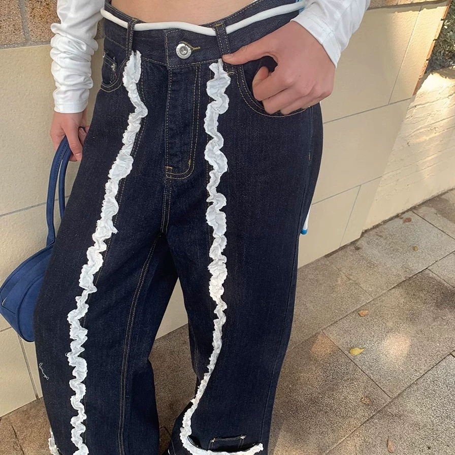 制造后花园*Herstory系列法式优雅百搭显高深蓝木耳边花边牛仔裤