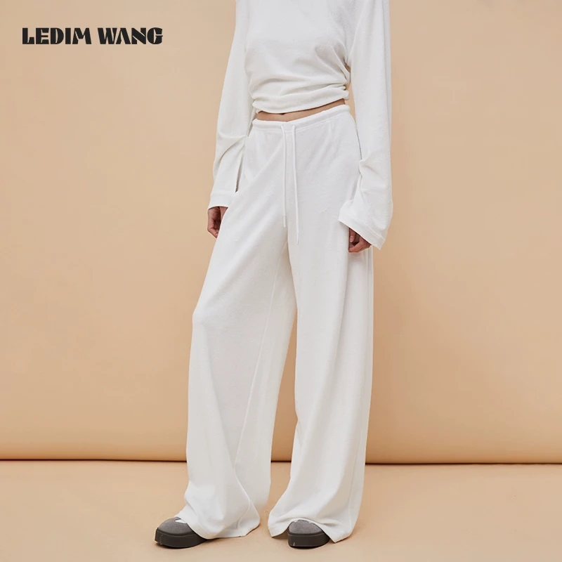 LEDIM WANGV腰毛圈松紧阔腿裤女高腰拖地裤慵懒风高级感阔腿裤