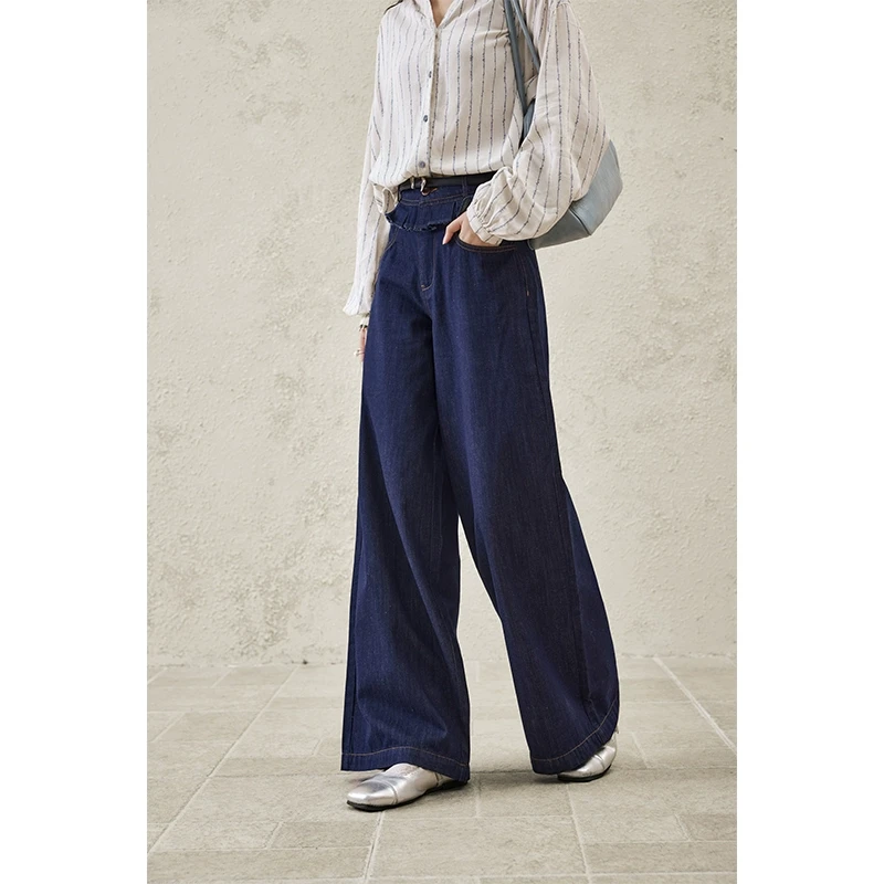 谜秀腰头拼接木耳边牛仔裤女2025春夏阔腿高腰设计显瘦长裤