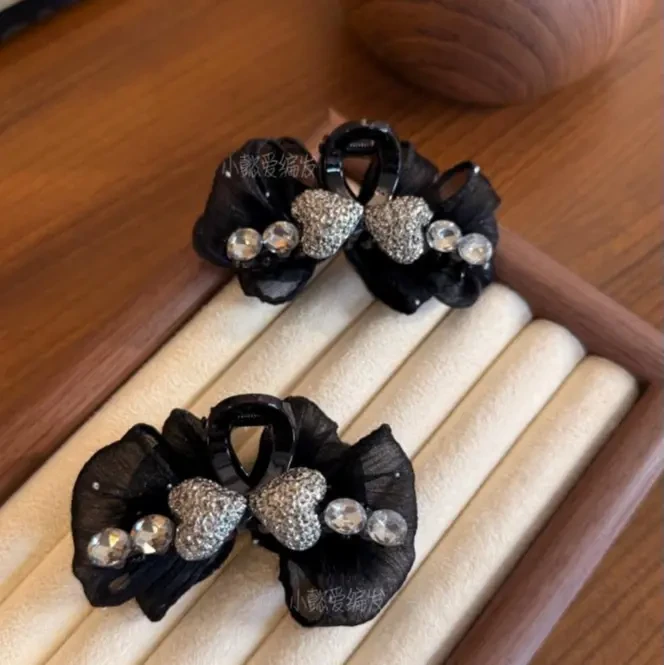 轻奢高级感AB面爱心水钻满天星网纱蝴蝶泡泡抓夹7cm