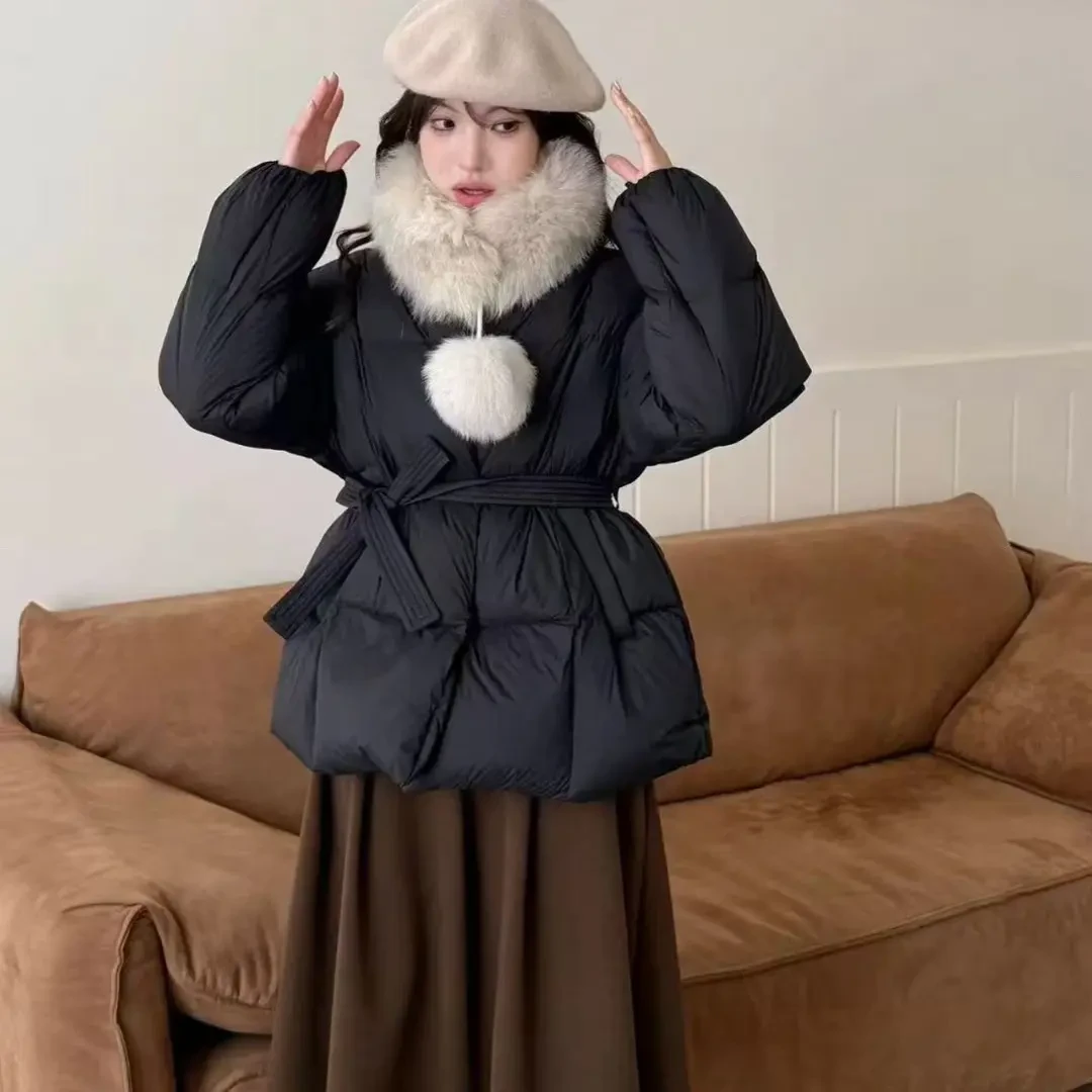 韩系领白鸭绒女冬季新款收腰系带中长款保暖显瘦外套