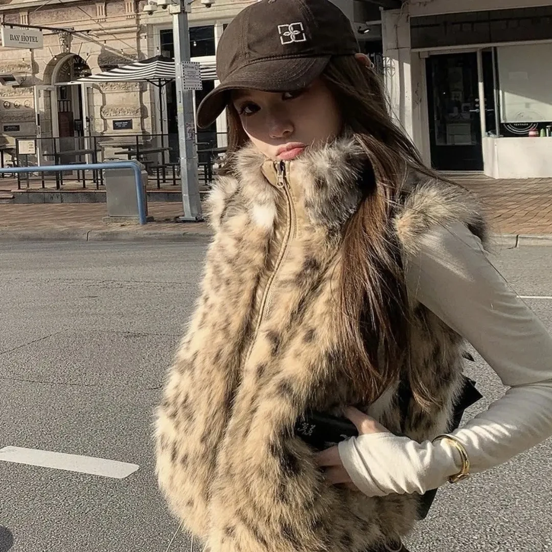 秋冬新款美式复古立领渐变豹纹女款马甲外套