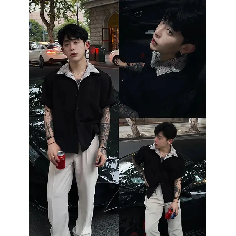 【序77】"亚麻花领"翻领假两件休闲短袖衬衫上衣百搭夏季男