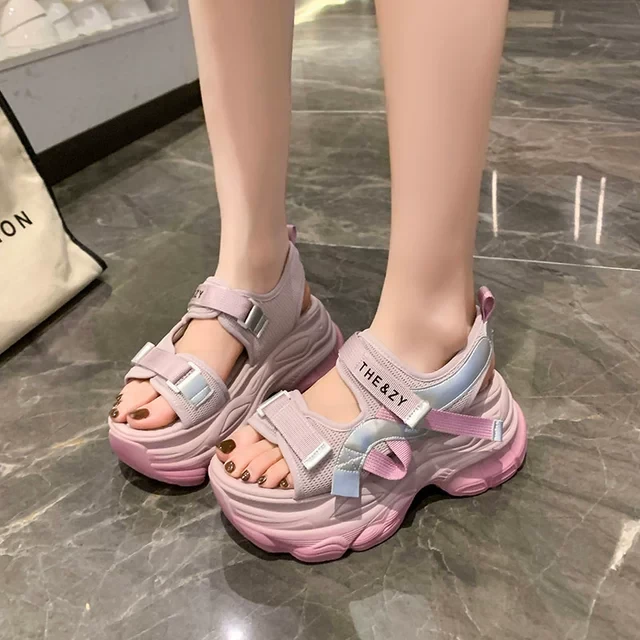 2025夏新款8cm内增高凉鞋厚底高跟运动凉鞋百搭软底沙滩休闲凉鞋