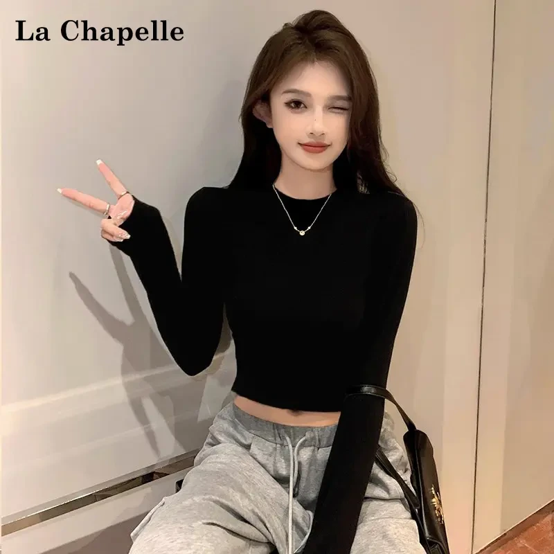 拉夏贝尔黑色半高领T恤女内搭秋季短款紧身秋季打底露脐上衣高级