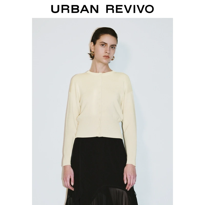 UR2025春季新品女装欧若风气质米白收腰圆领针织开衫UWG950066