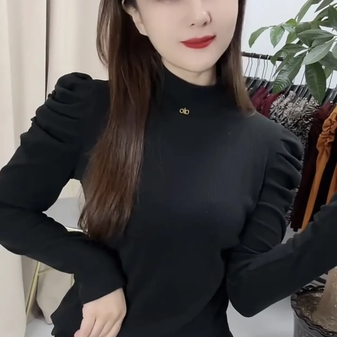 简约时尚长袖小衫修身显瘦纯色T恤泡泡肩半高领气质洋气女上衣915