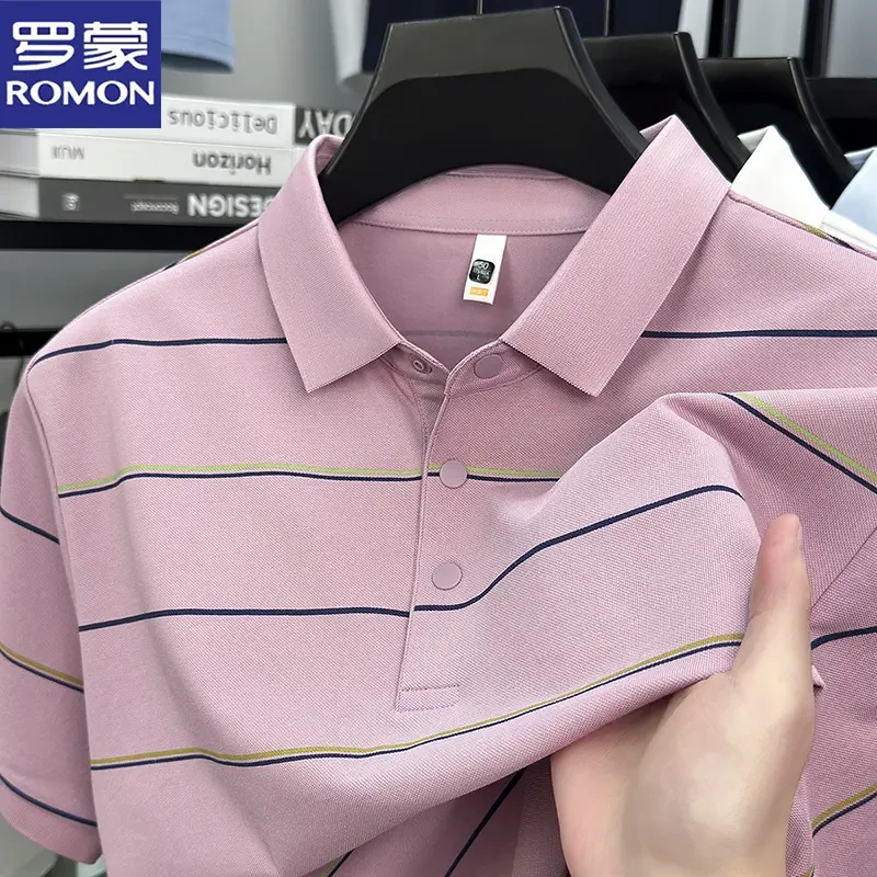罗蒙夏季含桑蚕丝亲肤条纹短袖T恤男士中老年爸爸装翻领POLO衫男