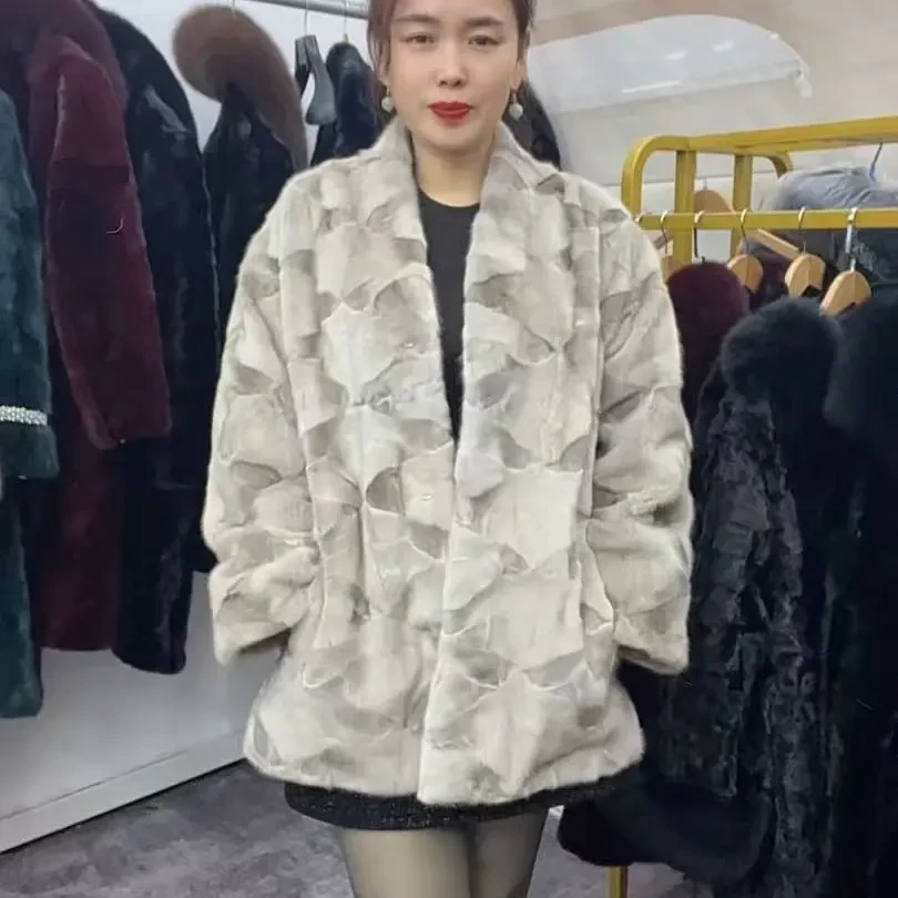 真皮真毛水貂V领银兰纯色中长款男女同款改价链接