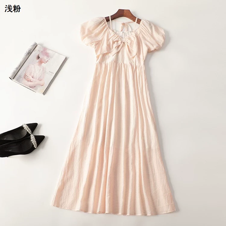 245939夏加长款短袖V领夏季甜美连衣裙浅粉过膝气质夏装长裙裙子