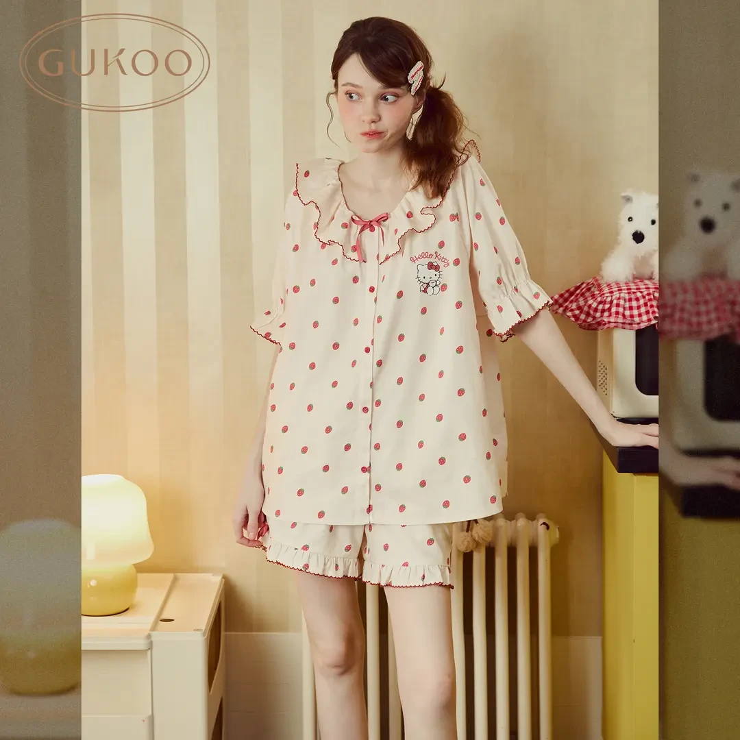 Gukoo果壳夏季HelloKitty甜美睡衣女草莓满印薄款宽松家居服套装