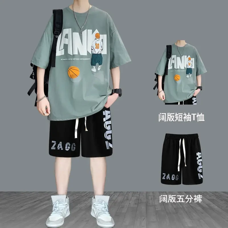 啄木鸟纯棉青少年夏季男生短袖T恤宽松高中学生潮流休闲运动一套