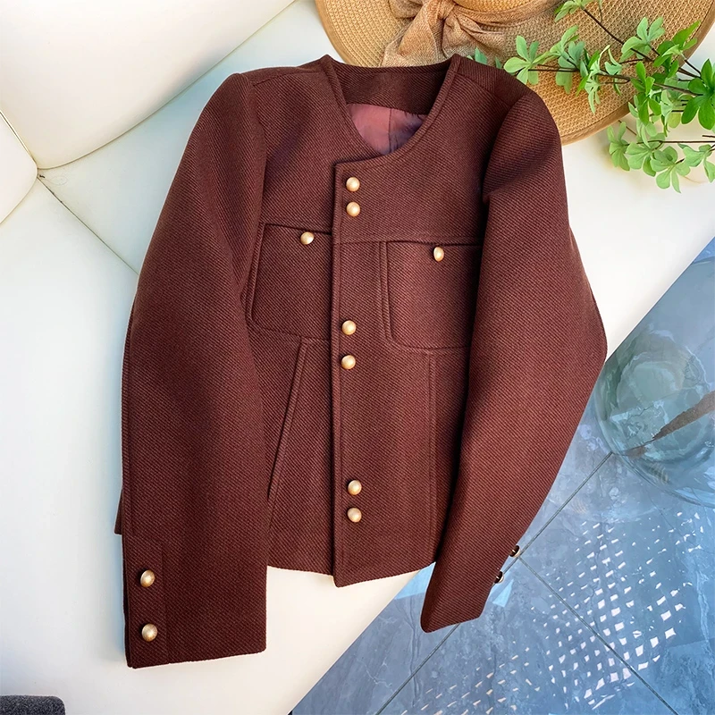 W2657小香风圆领单排扣短款外套2024冬新品加棉加厚