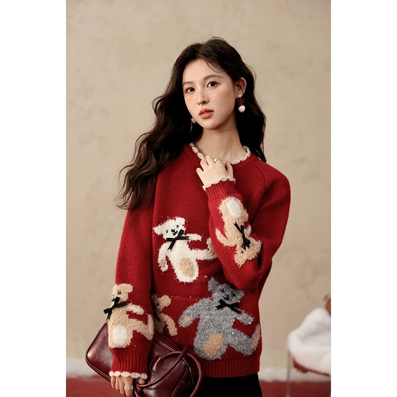 谜秀新小熊提花红色毛衣女2024冬季花边袖口设计圣诞穿搭针织百搭