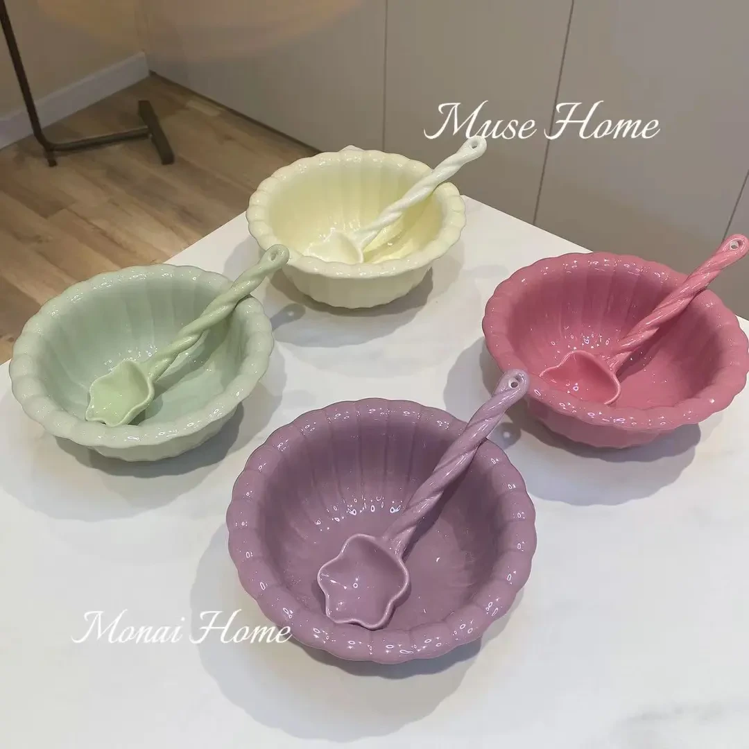 【云朵碗+麻花勺】陶瓷水果沙拉碗家用汤碗可爱早餐酸奶碗甜品碗qt