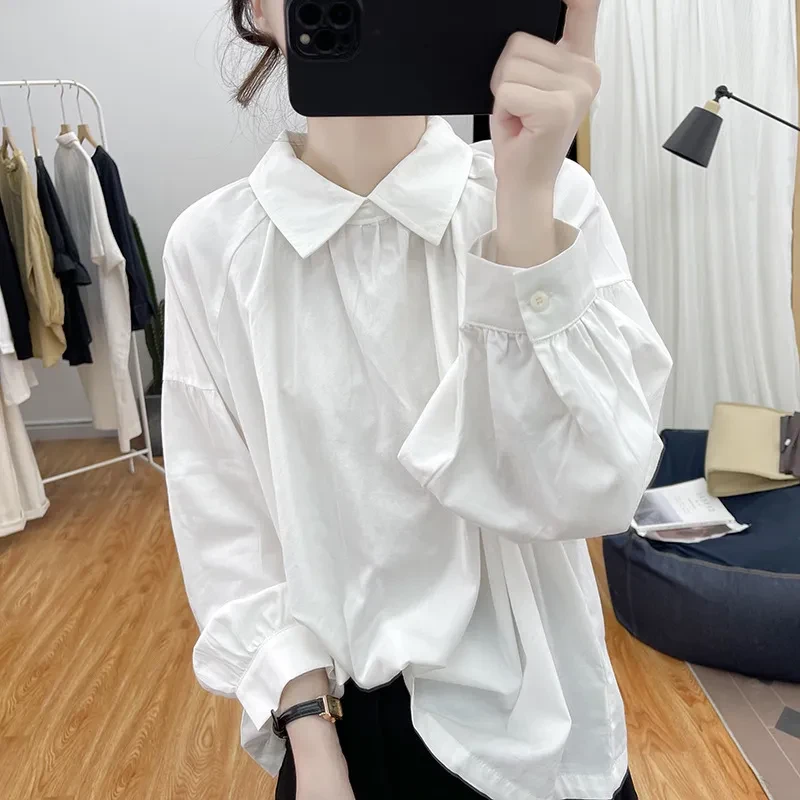 2025秋季韩系宽松上衣打底衬衣娃娃领灯笼袖长袖白衬衫女7333