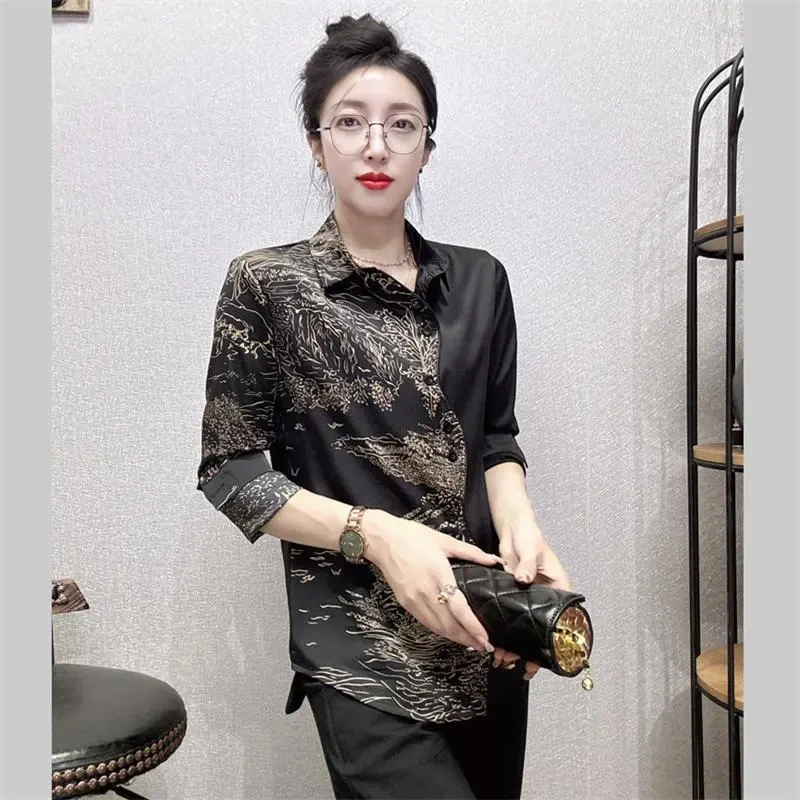 拼色衬衫女2025新款时尚印花缎面上衣设计感小众衬衣长袖打底衫潮