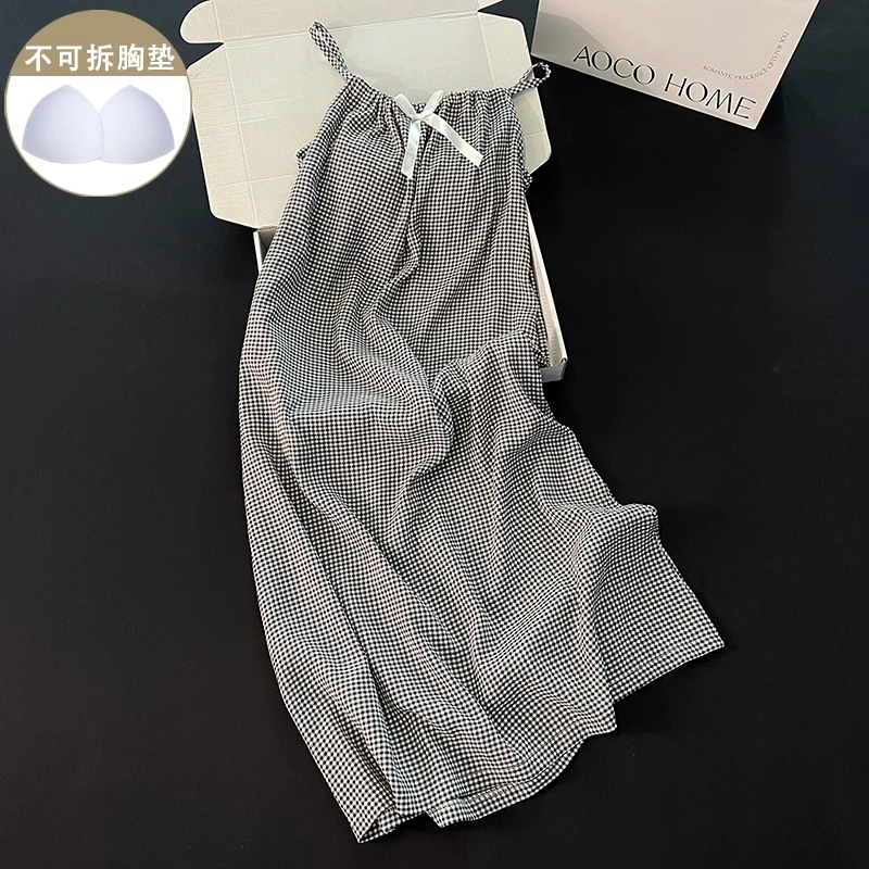 韩系千鸟格睡裙女带胸垫休闲吊带蝴蝶结睡衣学生性感连衣裙家居服